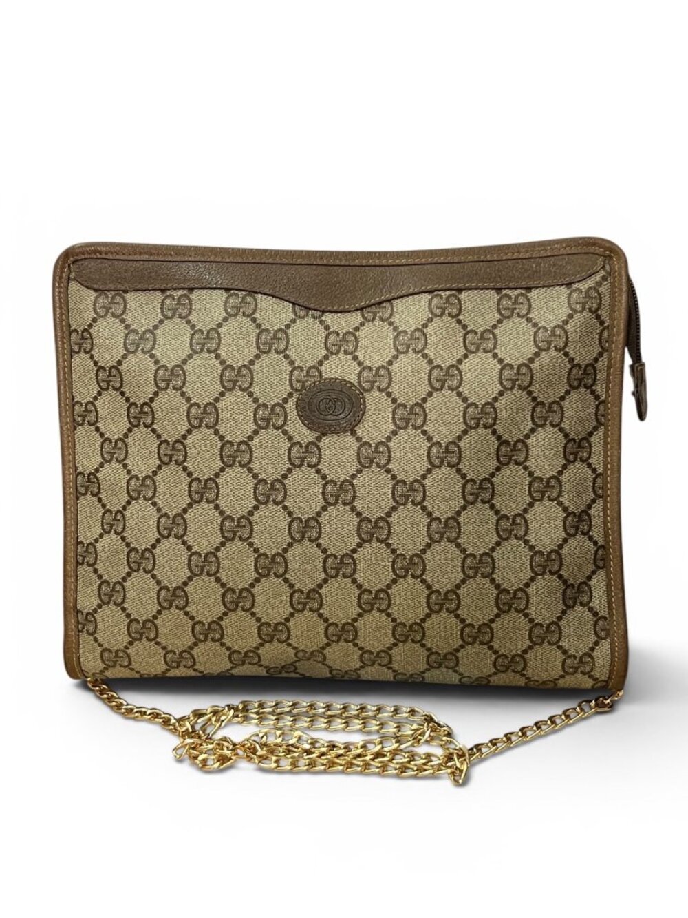 Gucci Vintage GG Monogram Brown Canvas Crossbody Bag With Gold Chain Strap